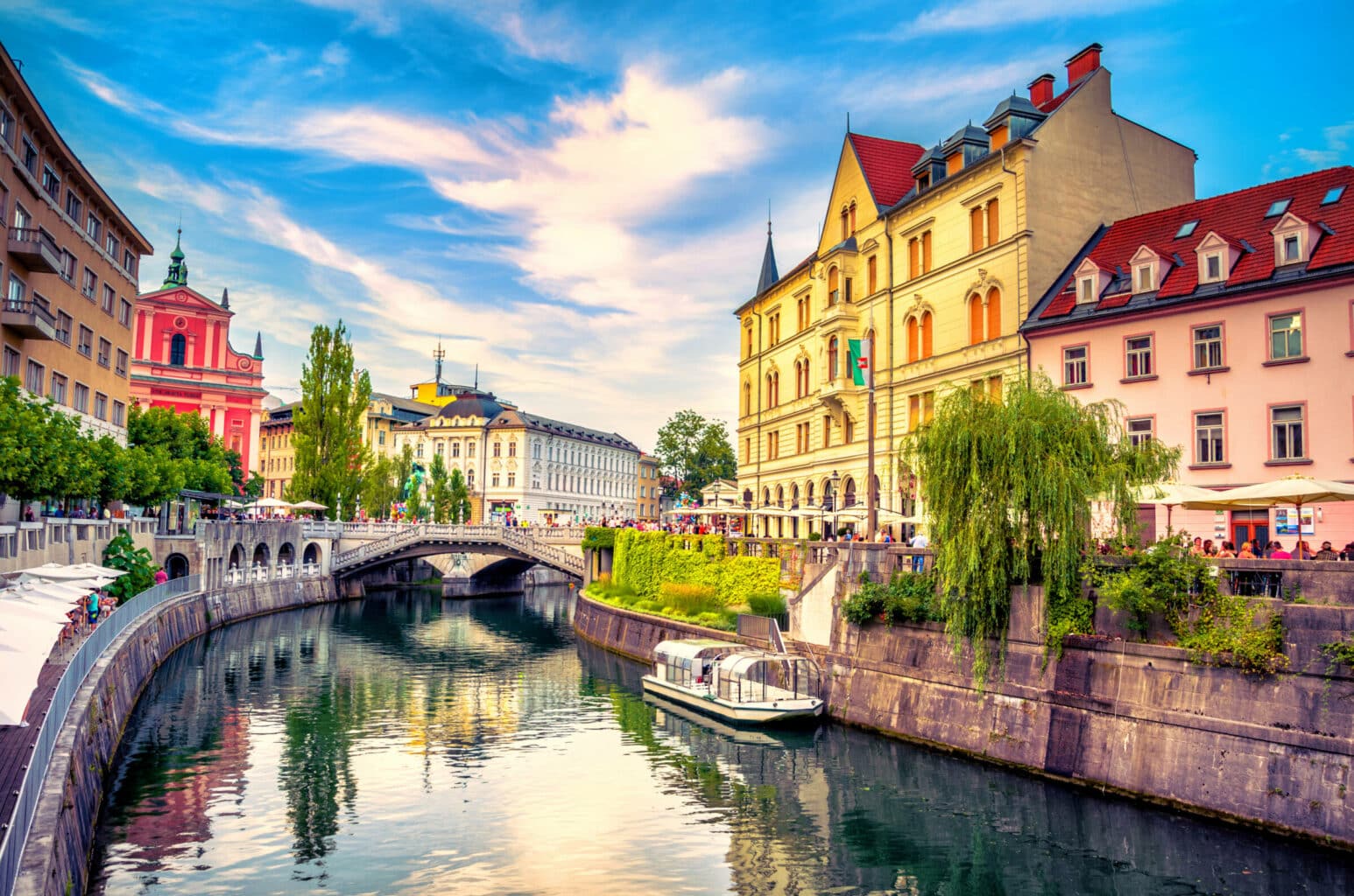 Cityscape view on Ljubljanica river canal in Ljubljana old town