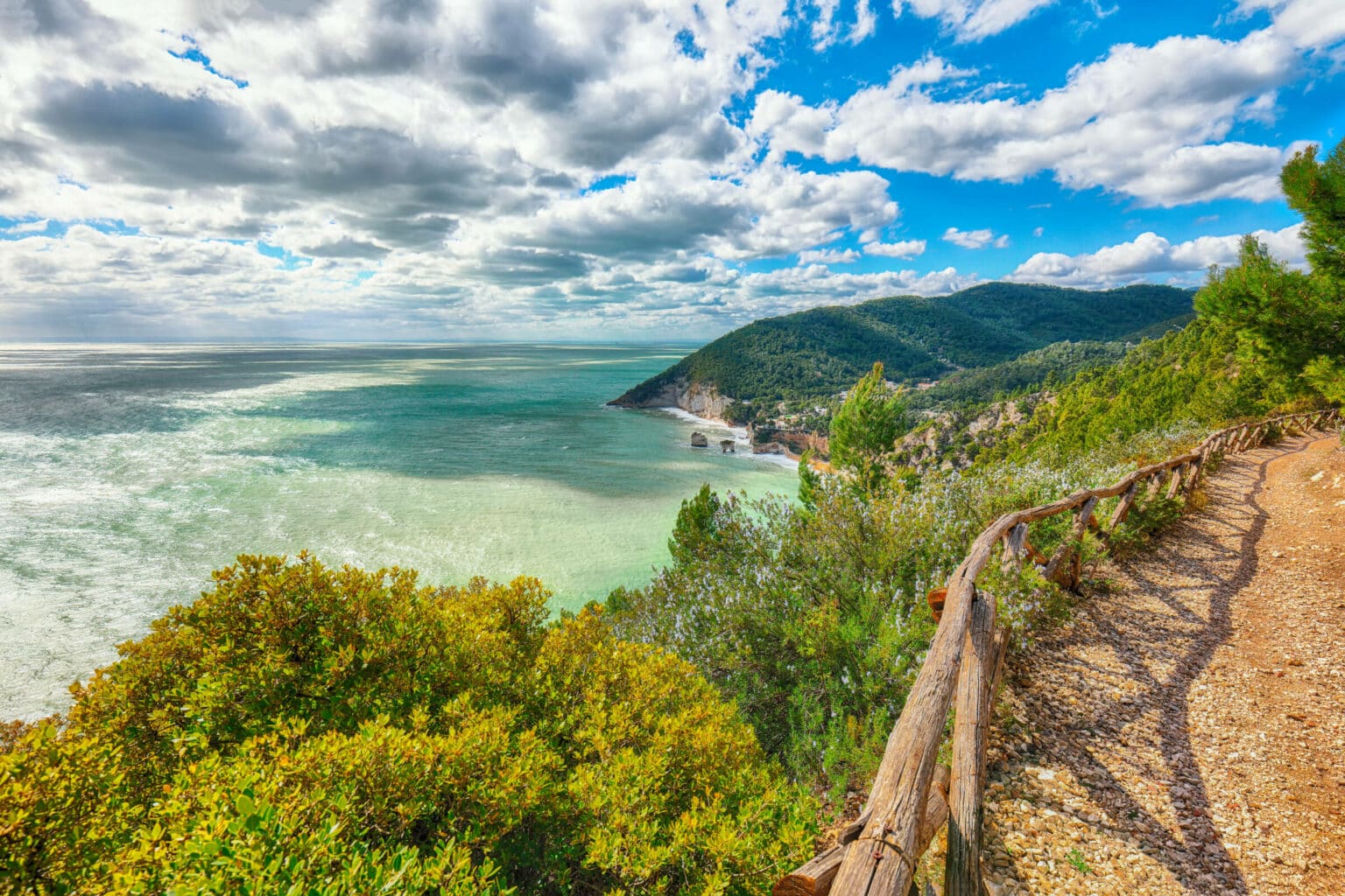 Picturesque islets Faraglioni di Puglia in summer Adriatic sea bay Baia Delle Zagare. Mattinata Faraglioni stacks and beach coast of Mergoli, Vieste Gargano, Apulia, Italy